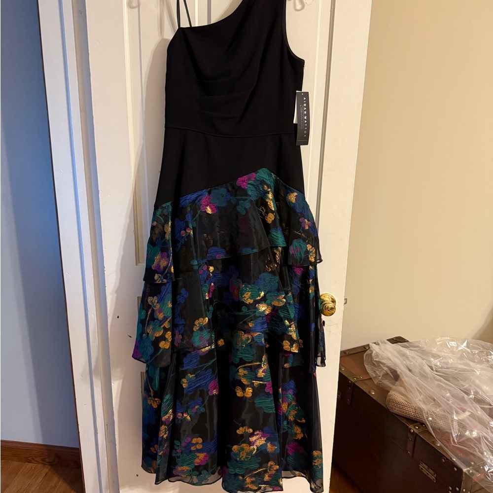 Adrianna Papell One Shoulder Dress with Black and Floral Accents